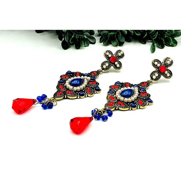 Vintage Inspired Bohemian Blue Red Crystal Chandelier Earrings - Picture 2 of 5